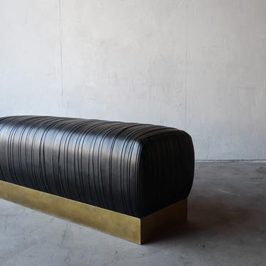 Pleated Strap Black Leather and Patinated Brass Benches - Karl Springer Style 