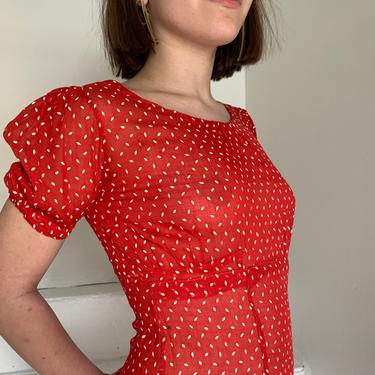 Darling Late 1930s Red Sheer Flocked Cotton Voile Day Dress Vintage 32 Bust Small 