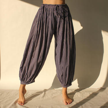 Vintage 70s Fabindia Indigo and Ivory Striped Capri Harem Pants | Made in India | 100% Cotton | 1970s Bohemian, Balloon, Wide Leg Pants 