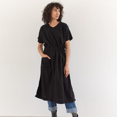 Vintage Black Short Sleeve Drawstring Simple Dress | Studio Tunic | Painter Smock | M L | 