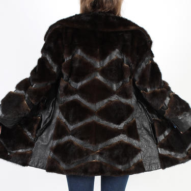 Vintage 70s Diamond Mink Coat Dark Brown Leather Trench Jacket With Pockets Mahogany Mod Belted Wrap Spy Evening Ski Jacket 