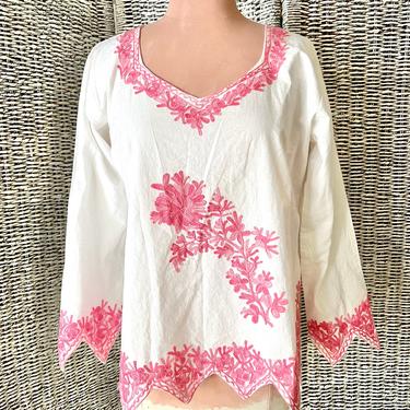 Cotton Embroidered Top, Hippie Style Bell Sleeves, Pink and White, Zig Zag Hem, Boho Vintage 