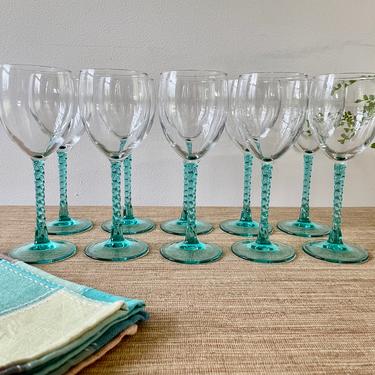 Vintage Wine Glasses - Aquamarine Swirl Stemware - Swirl Wine Glasses - Set of 10 - Vintage Stemware - Coastal Bar Decor - Bar Cart Decor 