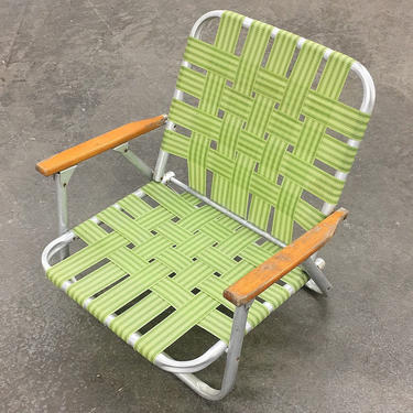 Vintage Beach Chair Retro 1980s Silver Aluminum + Lime Green + Woven + Webbed Straps + Wood Armrests + Folds Up + Outdoor Lawn or Patio 