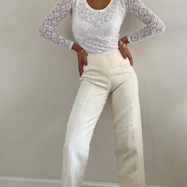 90s linen silk pants / vintage creamy white silk linen high waisted flat front flat felled seam pants | 27 W 