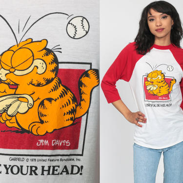 Garfield Shirt Cat Tshirt Funny Shirt Raglan Baseball Shirt Cartoon Animal Comic 80s Graphic Vintage Ringer Tee Retro T Shirt Small Medium 