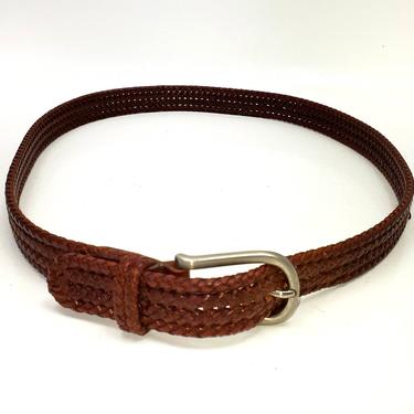 Vintage Woven Braided Men's Leather Belt Brown With Brass Buckle Size 36 Weave 