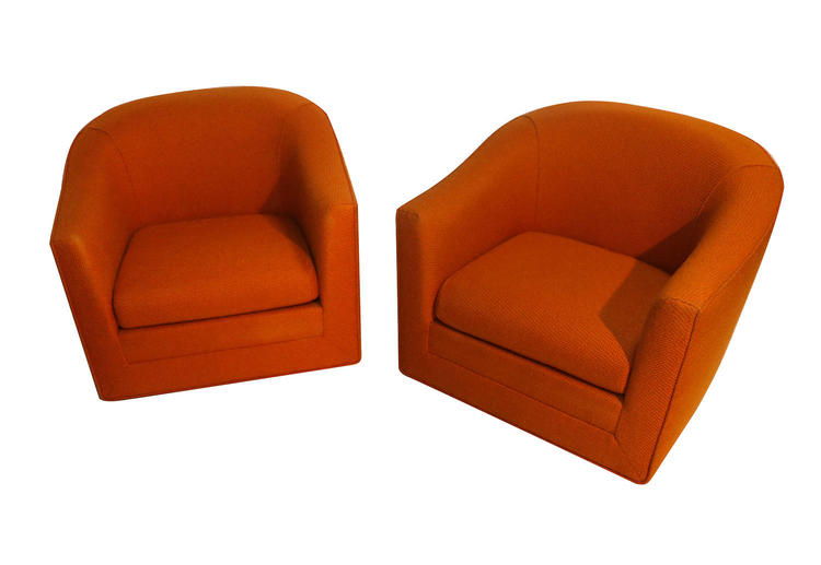 Pair Milo Baughman Style Mid Century Swivel Lounge Chairs