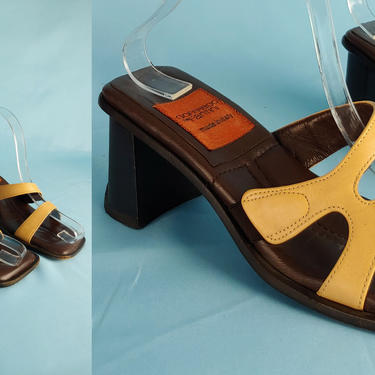Vintage Y2K Goffredo Fantini 37.5 Brown and Tan Square Toe Block Heel Slide Sandals - Size 7.5 2000 Millennium Style 