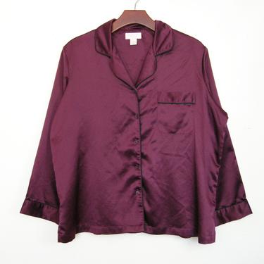 Burgundy Satin Button Up w\/ Black Piping