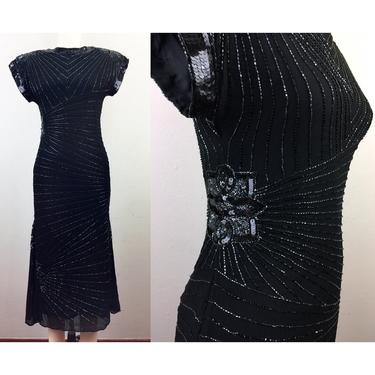 Vintage SCALA Black Beaded Party Dress Silk Deco Flapper S 