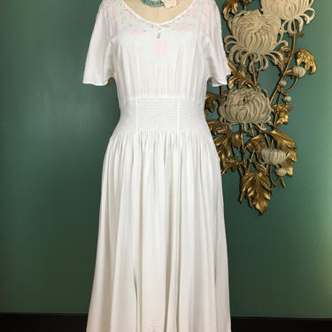 1980s summer dress, white rayon dress, vintage 80s dress, cutwork embroidery, smocked waist, flutter sleeve dress, oceania Bali, 30 waist 