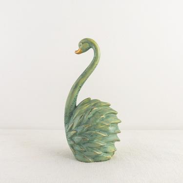 Vintage Ceramic Swan Statue, Seafoam Green with Gold Bird Figurine 