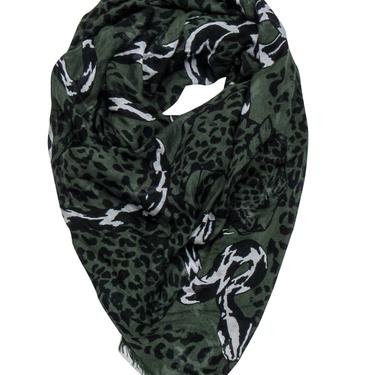 Alexander McQueen - Dark Green Leopard & Snake Printed Scarf w/ Frayed Edges