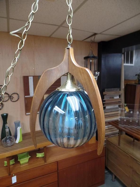 Mid-Century Modern walnut swag lamp with blue glass shade