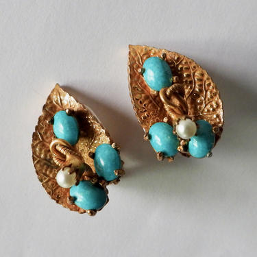 Robert Turquoise Glass Cabochon Leaf Earrings 