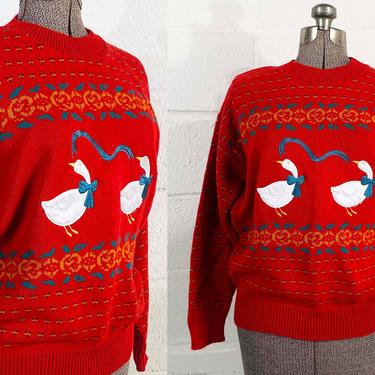 Vintage Red Sweater Novelty Goose Christmas Holiday Grannycore Grandma Jumper Kate Collins Knit Made in USA Women's Large Medium L XL 