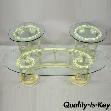 French Provincial Italian Scrollwork Wood Base Glass Top Coffee Table - 3 pc Set