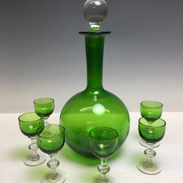 Vintage PV France Portieux Vallerysthal Green Decanter Cordial Glasses Set Barware 