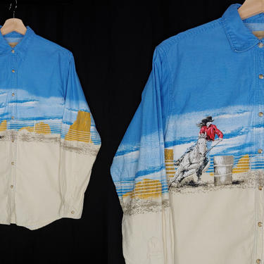 Vintage Eighties Men's Wrangler Cowboy Print Long Sleeve Shirt - 80s Cowboy Print Small Pearl Snap Western Shirt 