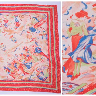 1940s Scarf - Rare Vintage 40s Large Novelty Silk Scarf in Western Wear Barn Dance Theme with Chinese Lanterns and Spiderwebs 10 Momme Brico 