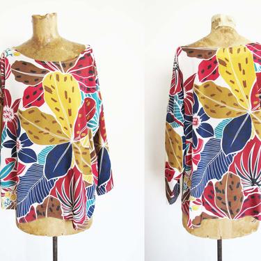 Vintage 70s Tropical Floral Tunic Blouse - 1970s Mustard Yellow Navy Jungle Print Shirt - Slouchy Relaxed Fit Semi Sheer - Alex Coleman 