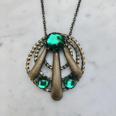 Art Deco Antique Brass Necklace with Emerald Green Stones | Art Deco Necklace | Art Deco Pendant Necklace | Converted Dress Clip | Emerald 