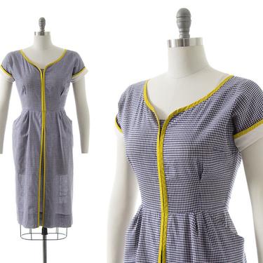 Vintage 1950s Dress | 50s Gingham Printed Cotton Navy Blue Chartreuse Sheath Day Dress with Pockets (x-small) 