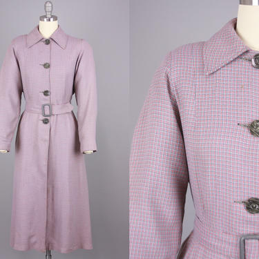 1940s Belted Coat | Vintage 40s Grey &amp; Orange Micro Windowpane Plaid Wool Jacket | small 