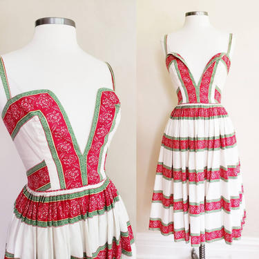 1950s Cotton Print Sun Dress Red Green / 50s Spaghetti Strapped Dress Stripes Pattern Nipped Waist / Small / Palmyre 