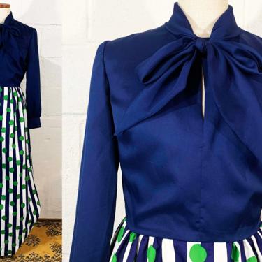 Vintage 60s Maxi Dress PLW Long Sleeve A-Line Mod 1960s Navy White Green Polka Dot Dots Twiggy Sleeves Pussybow MCM Small XS 