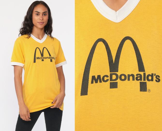 Vintage McDonald's Shirt Ringer Tee Shirt 90's Graphic Shirt Retro V Neck Yellow Tshirt Vintage Retro T Shirt 1990s Fast Food Vintage Medium 