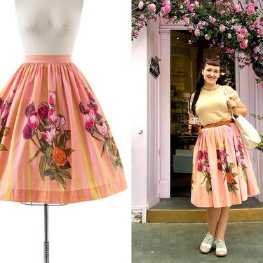 Vintage 1950s Skirt | 50s JOHN WOLF Floral Bouquet Border Print Cotton Pink Full Swing Skirt (medium) 