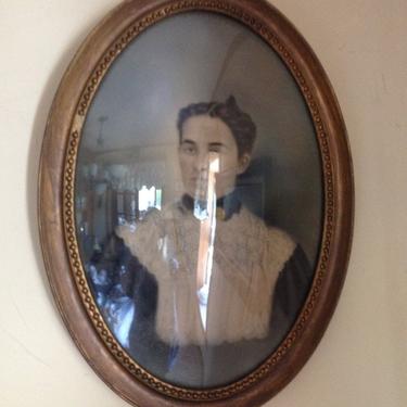 Vintage Victorian Antique Portrait Pastel Painting of a young woman in an oval Convex Bubble frame- Barbara Westin 