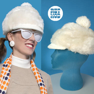 Winter Mod Chic Vintage 60s 70s Fuzzy Fluffy Faux Fur Jockey Hat with Pompom &amp; Visor 