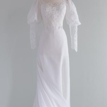 Dreamy 1970's Edwardian Style Wedding Gown With Lace Sleeves and Bodice / Small