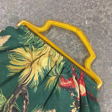 Vintage Handbag Retro 1960s Tropical Fabric Bag + Yellow Plastic Top Handles + Hawaiian + Indians on Horses + Homemade Purse + Accessory 