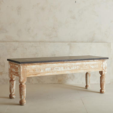 Large Provincial Table with Limestone Top and Whitewashed Pine Wood Base, Early 1900s