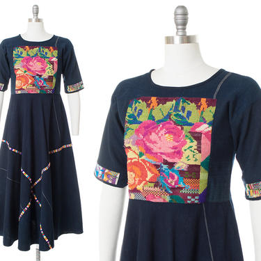Vintage 1970s Huipil Dress | 70s Guatemalan Woven Embroidered Floral Rose &amp; Birds Navy Blue Cotton Maxi Dress (small) 