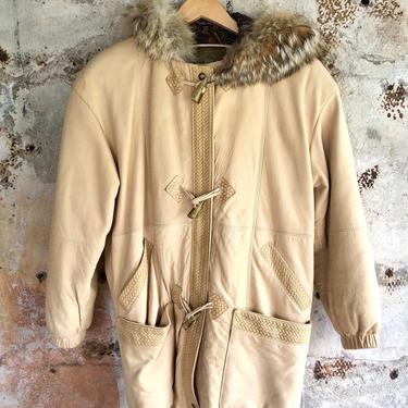 1990s Express Leather Parka with Faux Fur Trim Hood S 