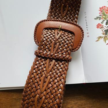 Vintage Lauren Ralph Lauren Tan Weaved Leather Wide Belt Boho Neutral m/l 