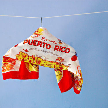 Puerto Rico Souvenir Hair Scarf 1950s Novelty Print Collectible Travel Scarf Red Orange Yellow Hand Rolled Rayon Tourist 