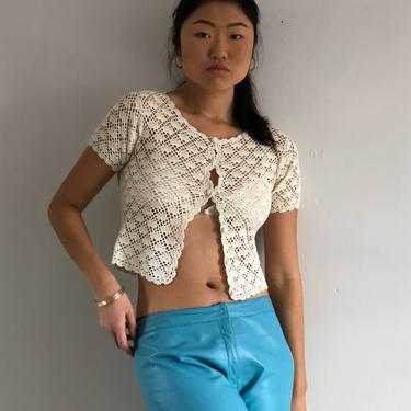 90s macrame cropped sweater / vintage Esprit creamy white ivory crochet sheer button front croptop sweater cardigan | XS 