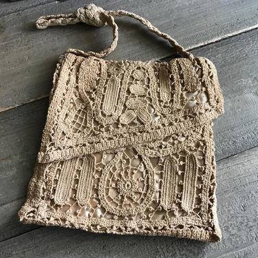 Antique Crochet Handbag Pouch Pocket Purse, Edwardian, Handmade Ecru Lace, Silk 