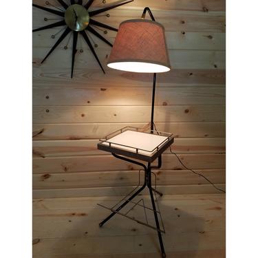 Mid Century Modern MCM Magazine Side Table with Lamp Attached 