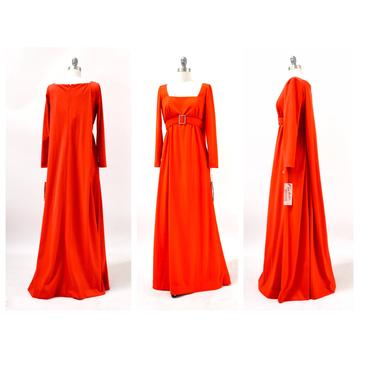 70s Vintage Evening Gown Dress Red Orange Long Sleeve Long Maxi Goddess Dress with Cape 70s Diva XXS XS Small Estevez Eva Garbor Saks Fifth 
