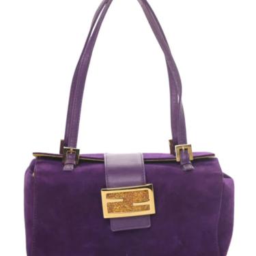 Vintage FENDI FF Purple Suede Leather Hand Bag Top Handle Box Shoulder Purse 