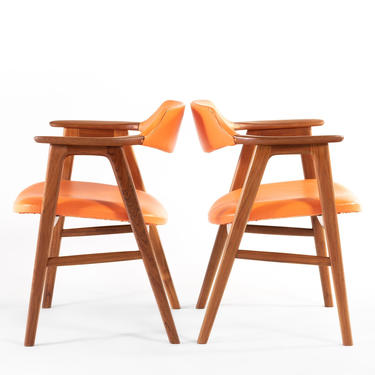 Set of Two (2) Arm Chairs by Erik Kirkegaard in Teak and Orange Vinyl 