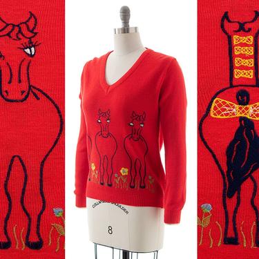 Vintage 1970s Sweater | 70s Horse Heads n' Butts Novelty Embroidered Knit Red Acrylic Long Sleeve Pullover Top (medium/large) 