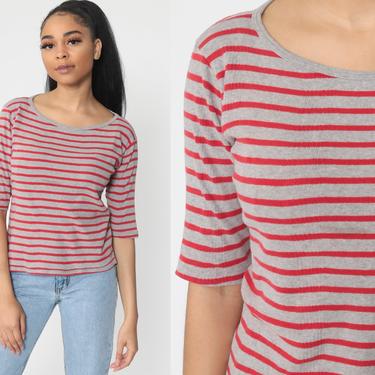Striped T Shirt 90s T Shirt Red Grey 3/4 Sleeve Top Simple Ringer Tee Basic Retro Tee Vintage Normcore Tight Medium Large 